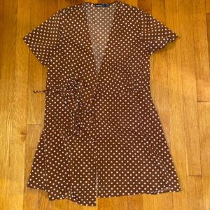 Brown and White Polka Dotted Wrap Dress